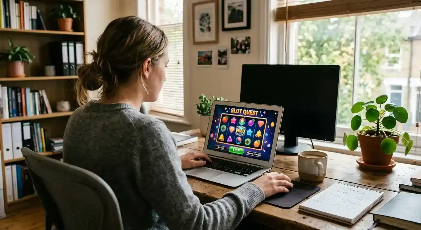Person playing online pokies on laptop showing colourful slot reels and modest bankroll