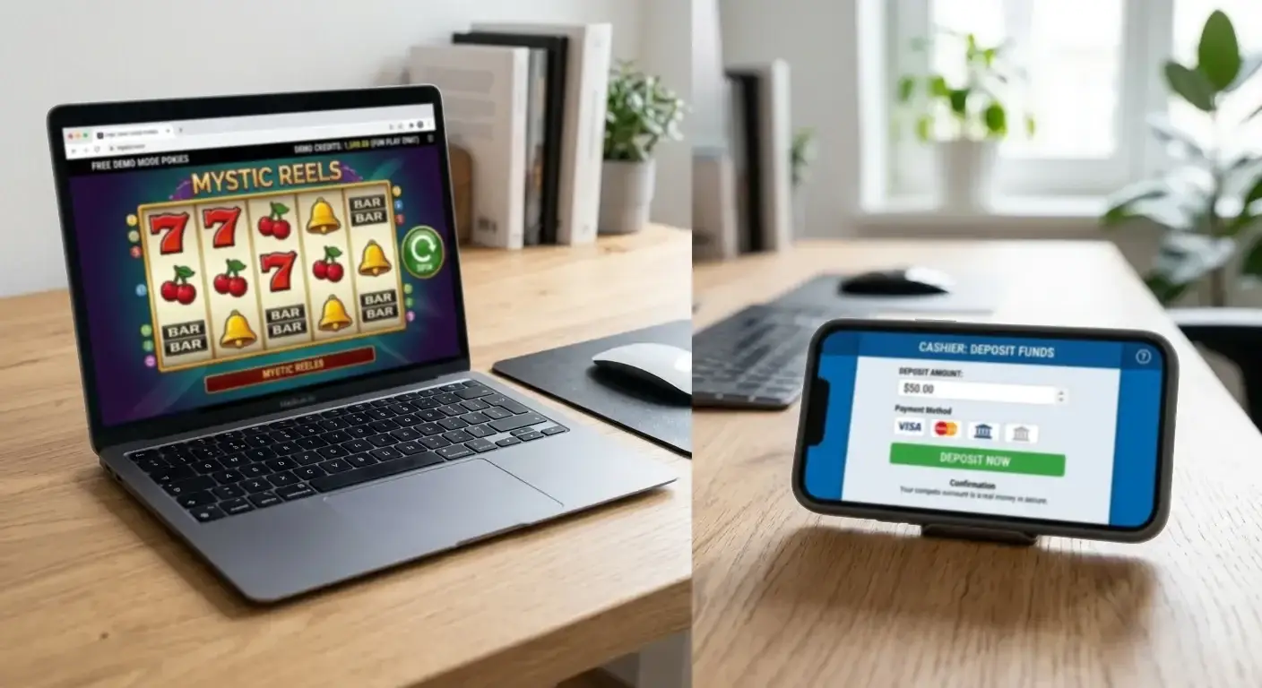 Split screen showing free demo mode pokies and real money casino cashier