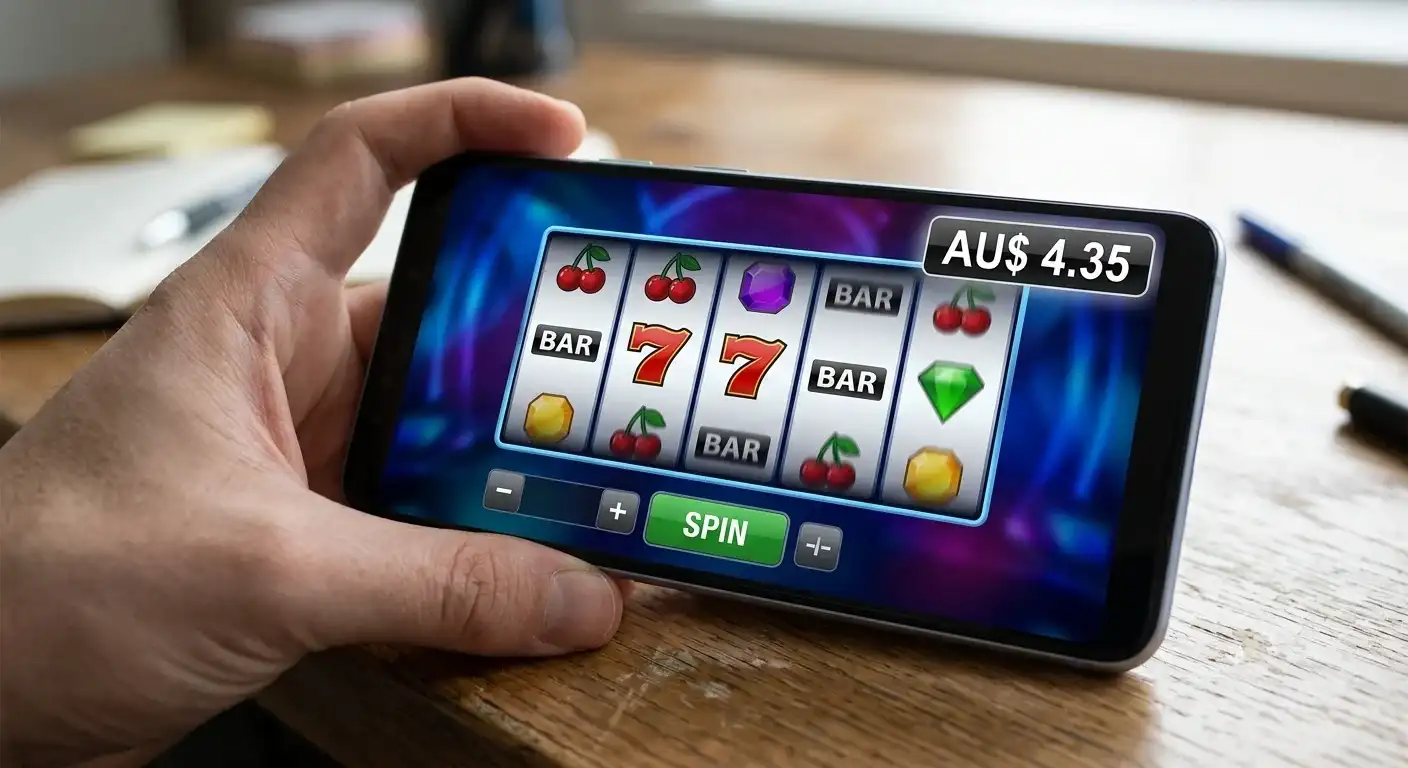 Pokie reels spinning on mobile screen with balance counter showing depleting funds