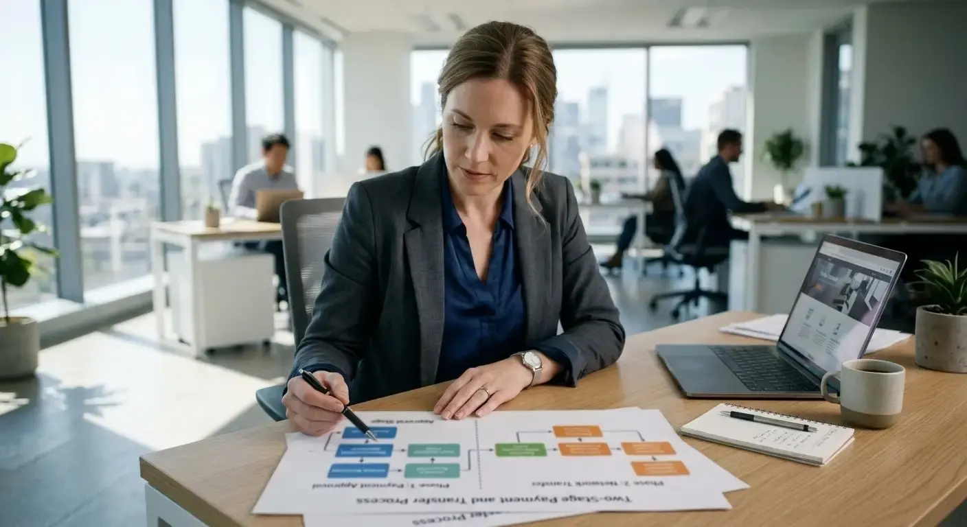 Person at desk reviewing two-stage withdrawal process diagram showing casino approval and payment network stages