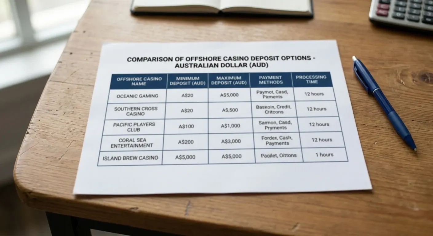 Comparison document showing deposit minimums across six Australian offshore casinos