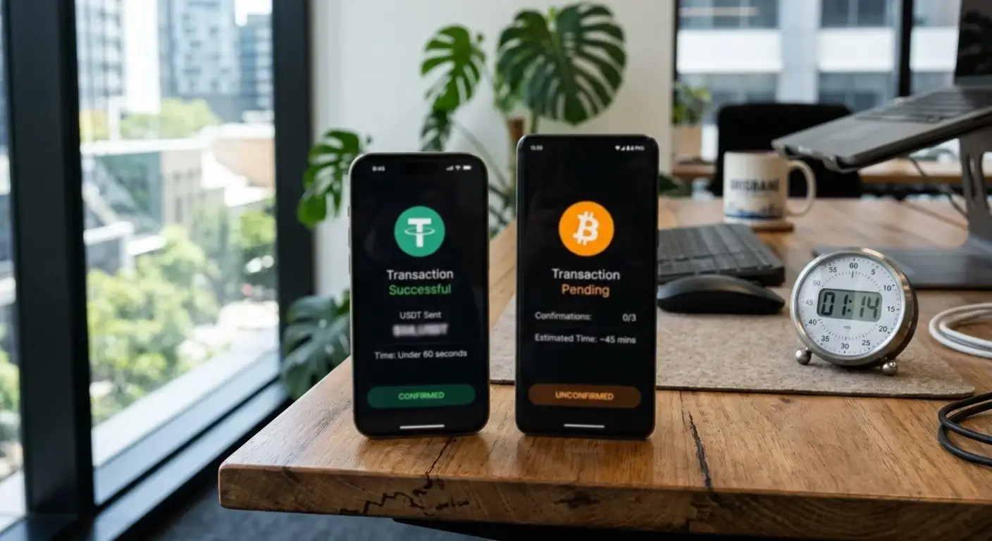 Two smartphones comparing USDT and Bitcoin transaction speeds