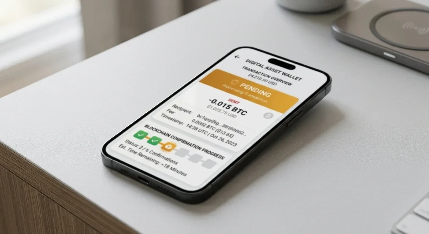 Smartphone showing cryptocurrency wallet with pending USDT withdrawal and blockchain confirmation status