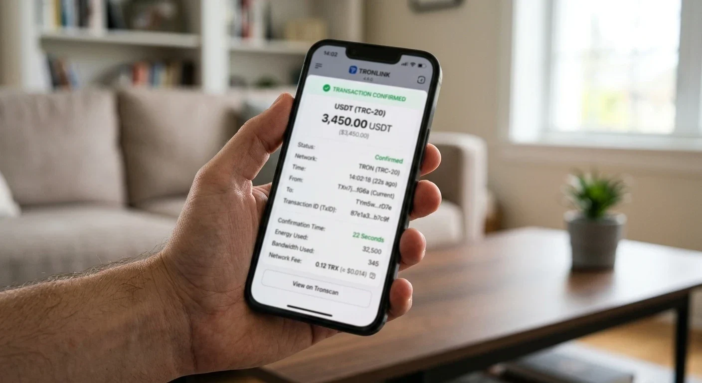 Digital wallet screen showing USDT TRC-20 transaction confirming in under one minute with blockchain explorer