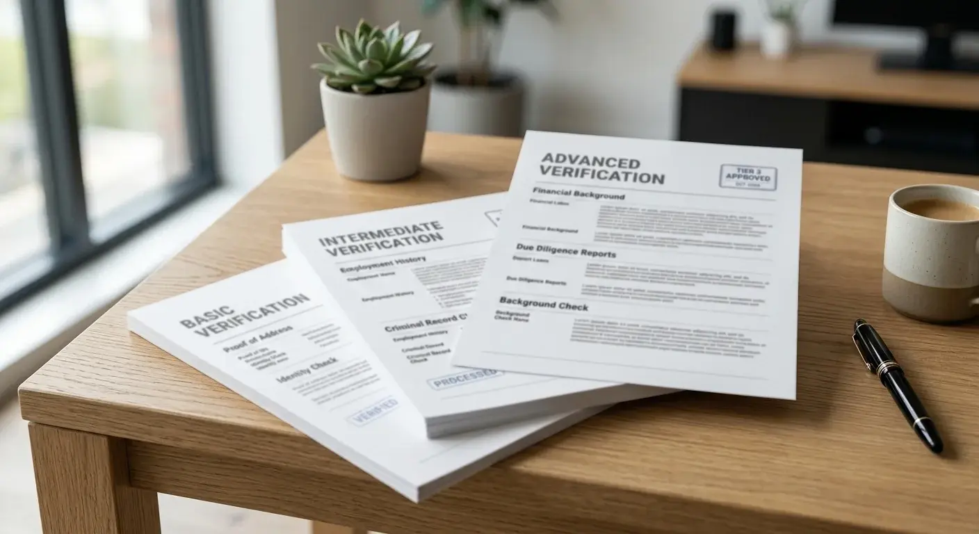 Three-tier verification model showing true no-KYC, soft KYC, and front-loaded verification