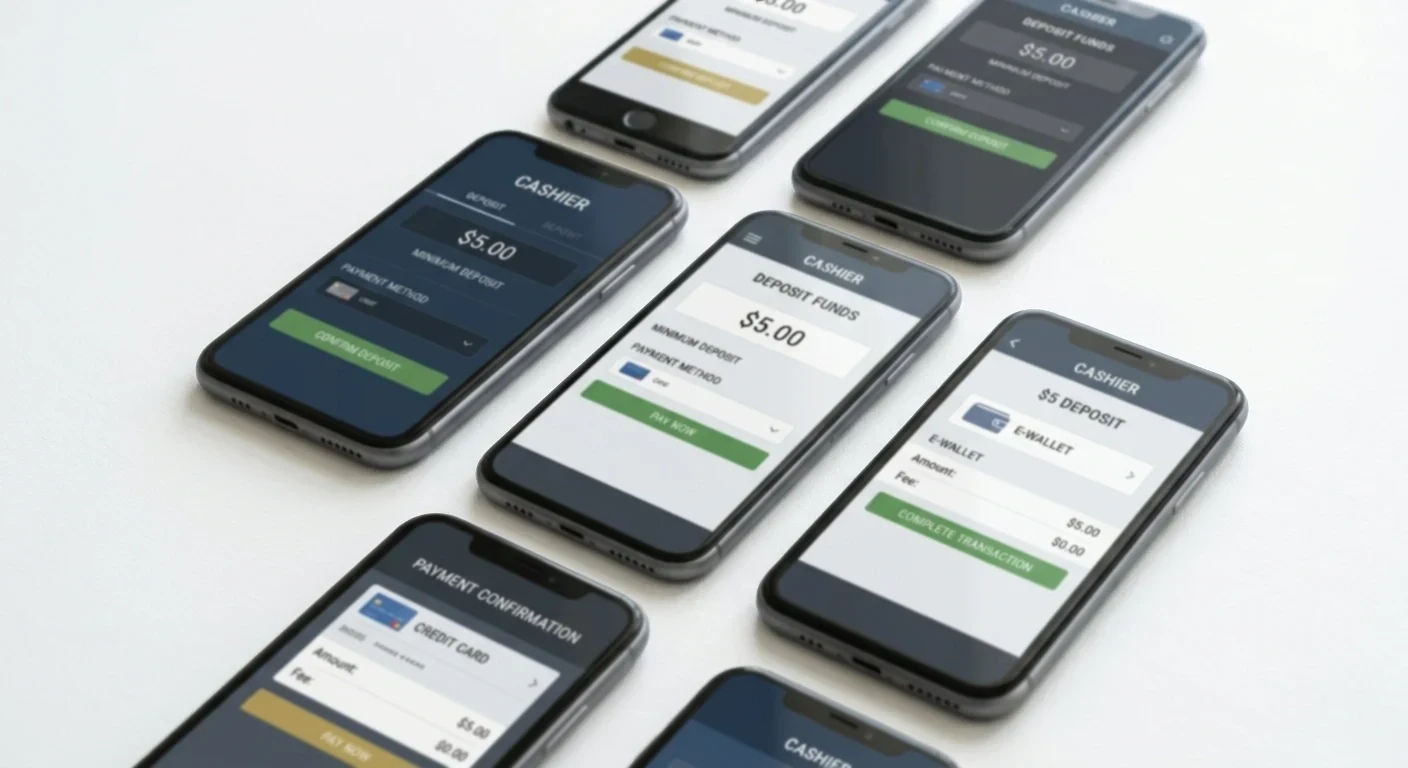 Three smartphones lined up showing cashier deposit screens each set to five Australian dollars