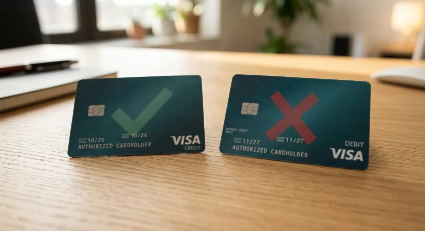 Visa debit card with checkmark and Visa credit card with red X symbol