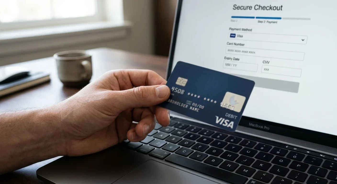 Close-up of Visa debit card being entered into online casino cashier interface