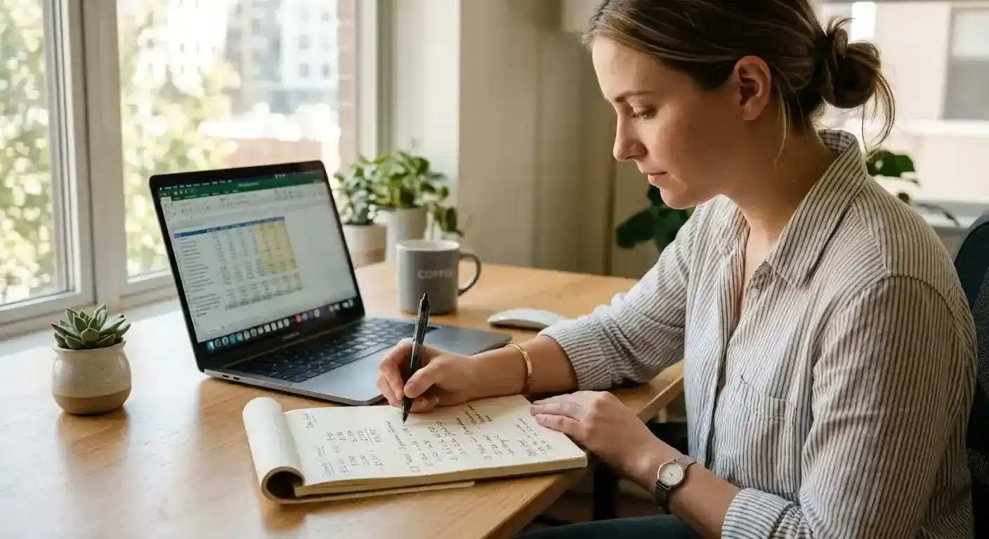 Person calculating wagering requirements with pen and notepad at desk