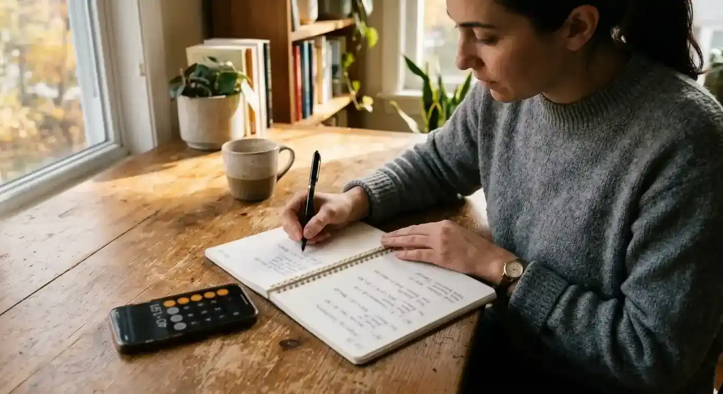 Person reviewing wagering requirement calculations on notepad with calculator app showing playthrough math