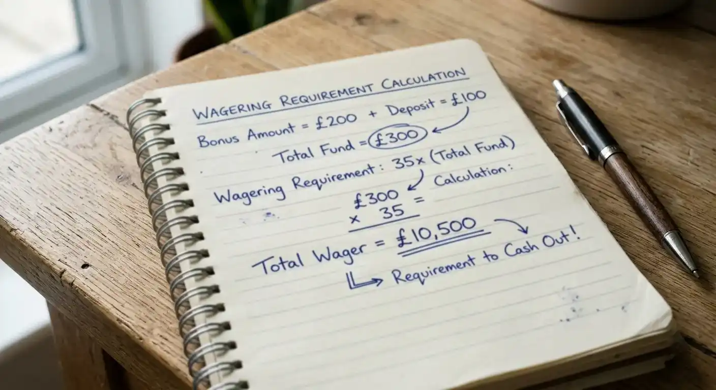 Hand-written calculation on notepad showing wagering requirement breakdown with pen beside it