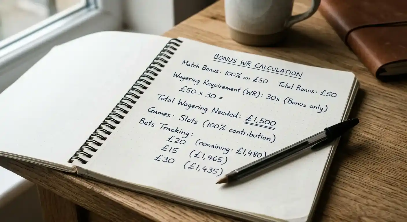 Calculator showing wagering requirement calculation with notepad displaying bonus math breakdown