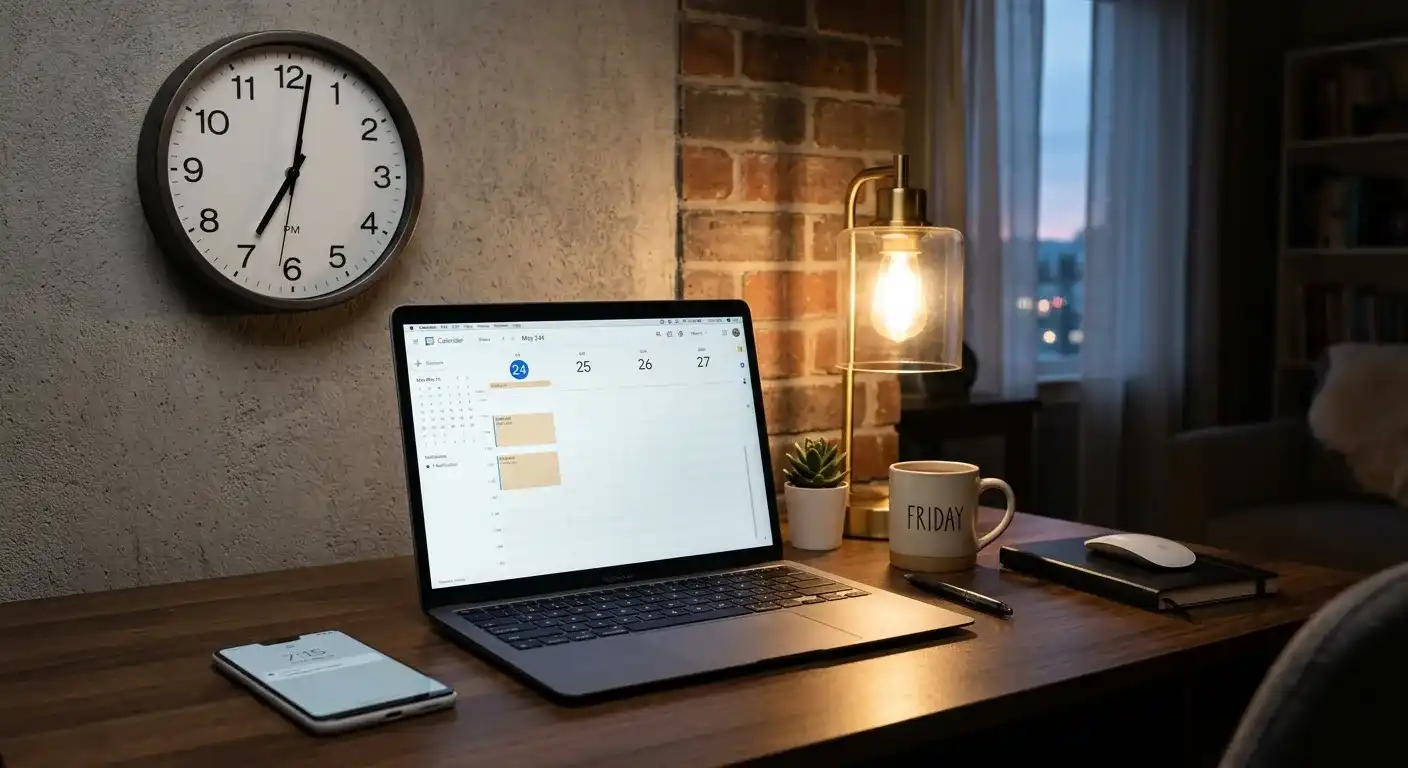 Wall clock showing evening hour with laptop displaying pending withdrawal notification