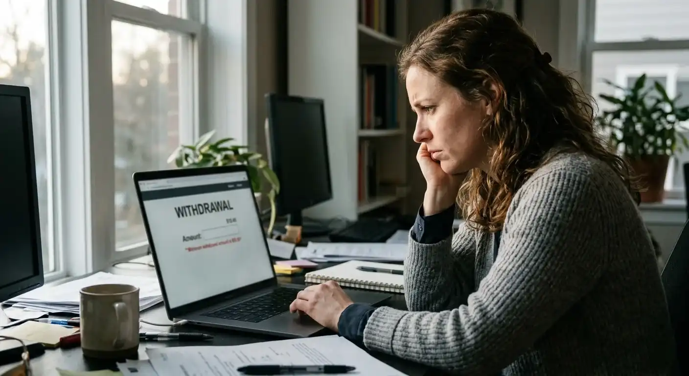 Player at desk reviewing laptop screen showing withdrawal page with minimum amount requirements