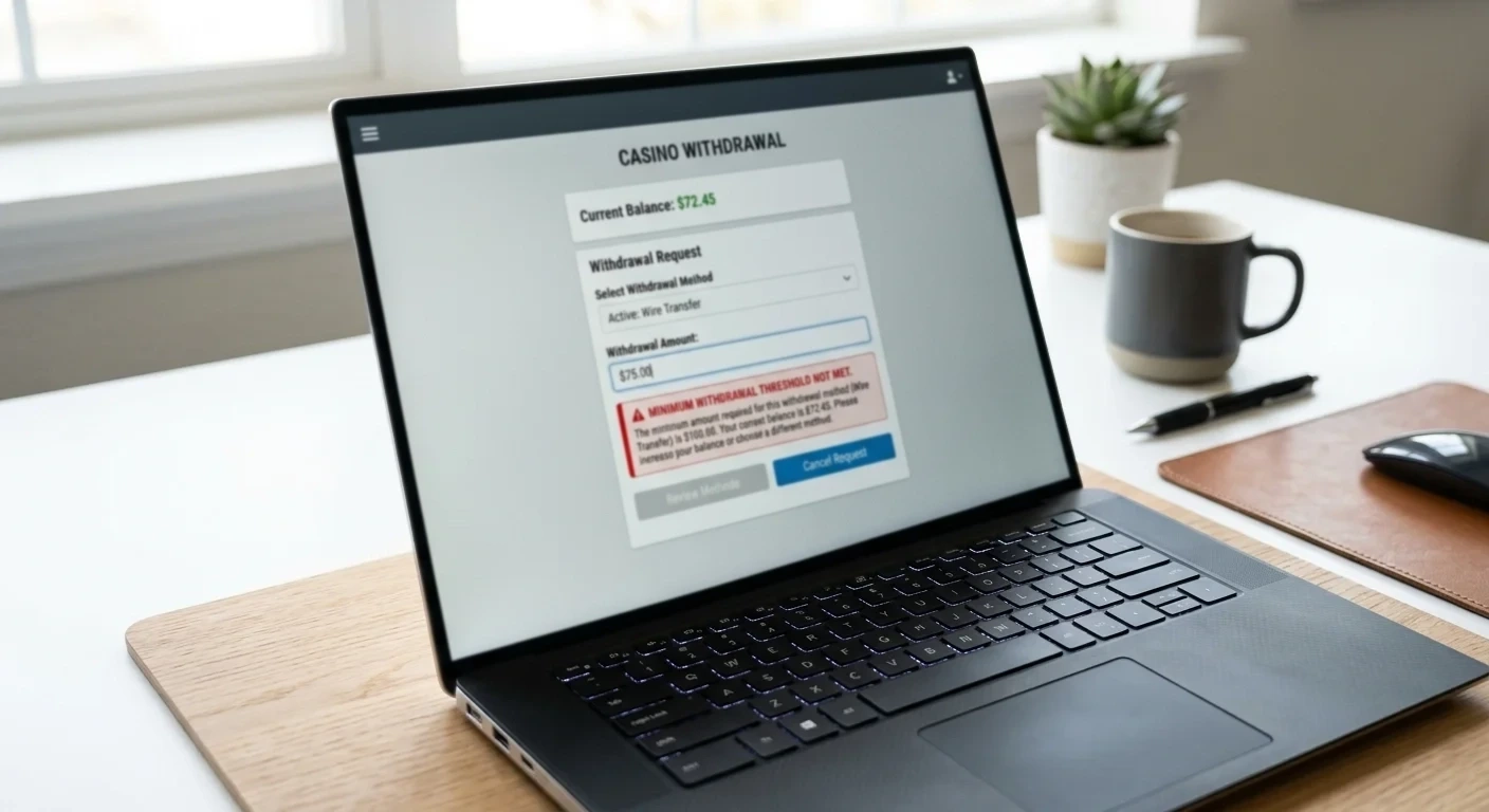 Withdrawal request screen showing minimum threshold not met notification