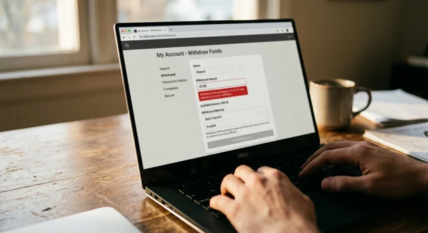 Withdrawal request screen showing minimum threshold with balance below requirement