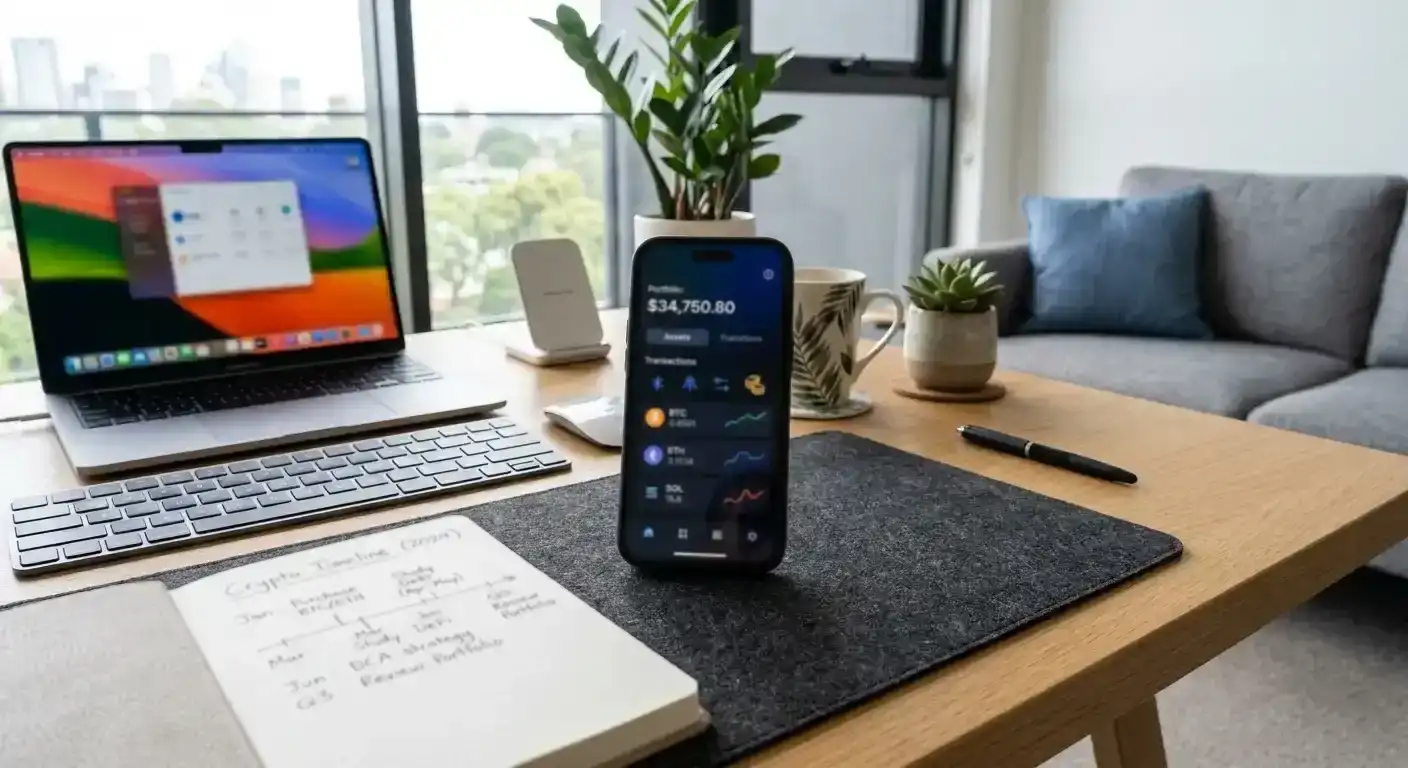 Smartphone with cryptocurrency wallet interface on modern desk with MacBook and timeline sketch