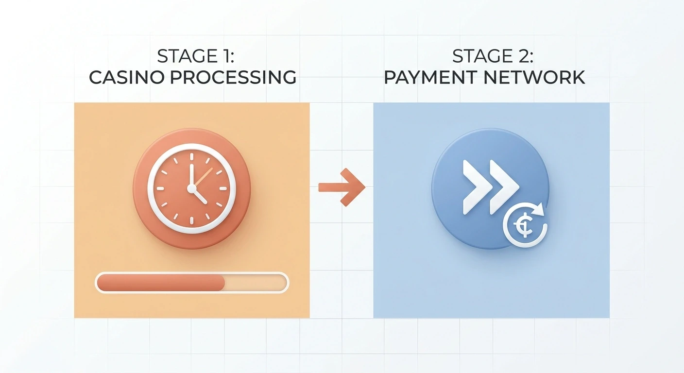 Diagram showing two-stage withdrawal process with casino processing and payment network timeline